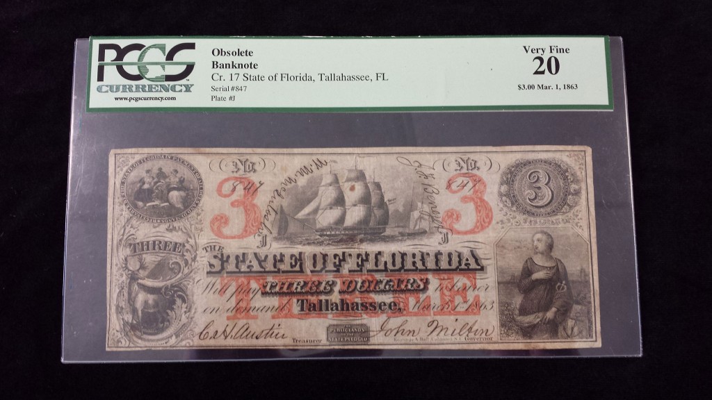 3 Dollar Florida Note 1863 Civil War