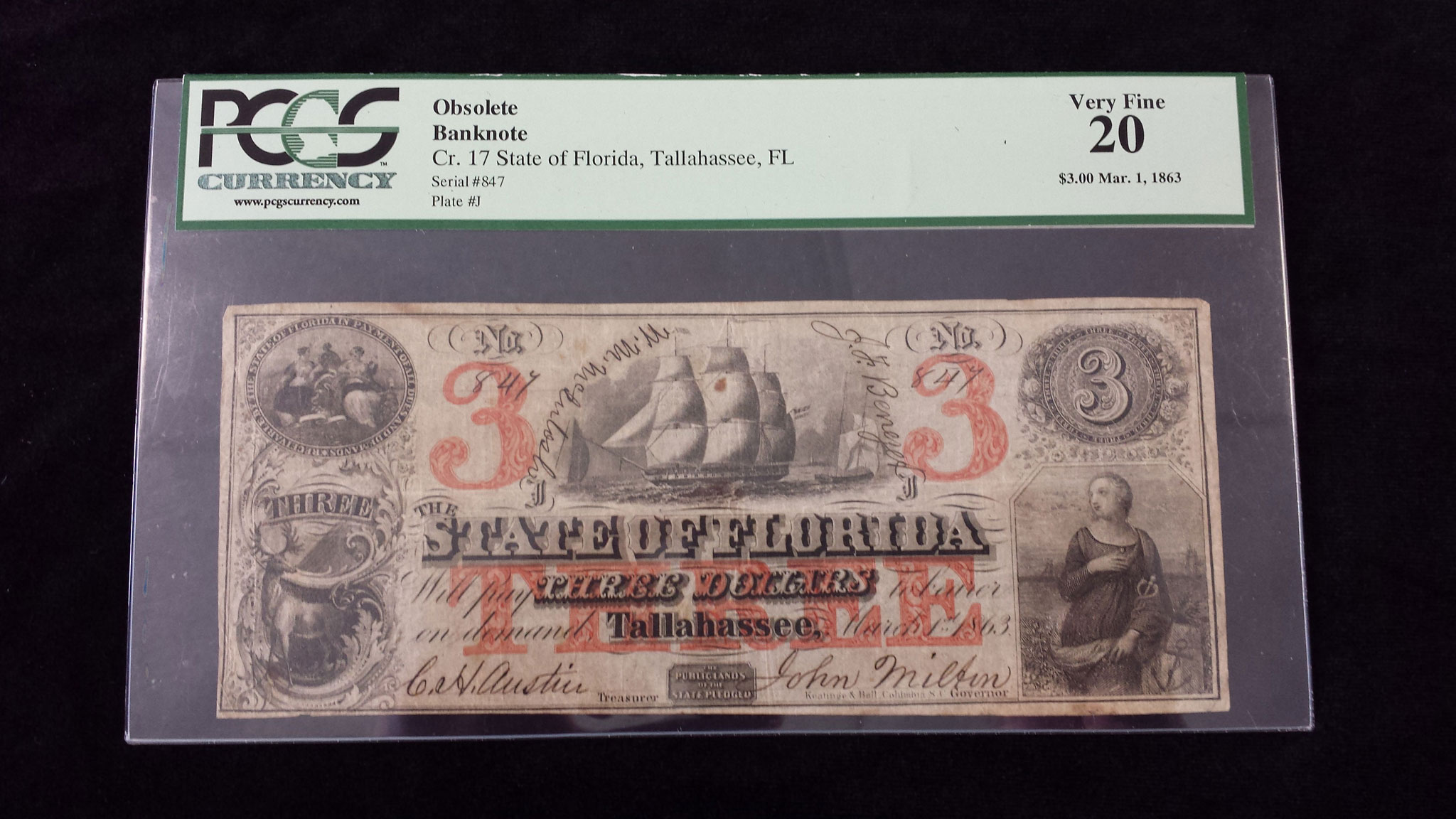 3 Dollar Florida Note 1863 Civil War – SOLD